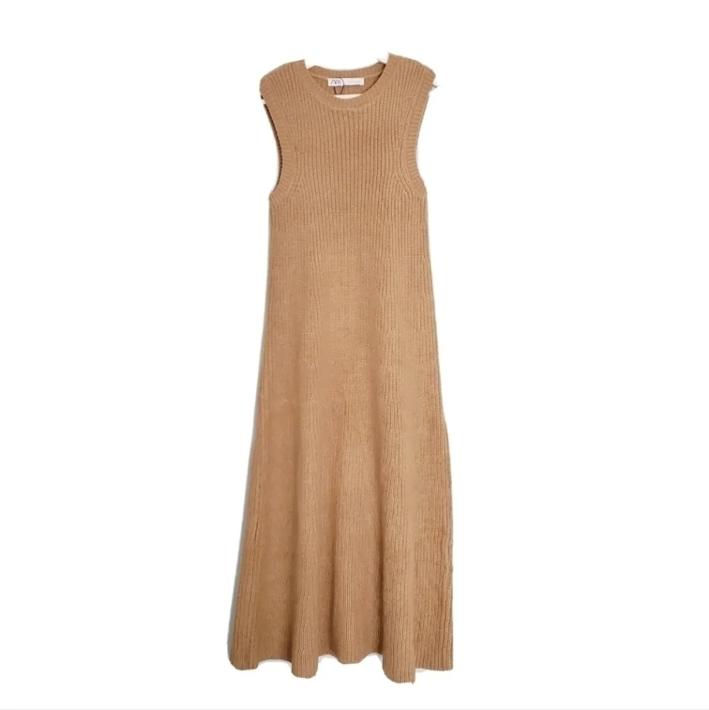 Zara Cable Knit A Line Dress In Tan